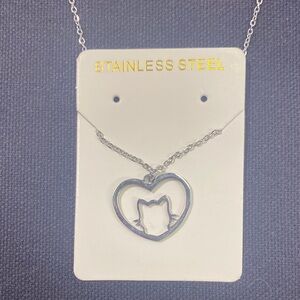 Stainless Steel Cat Heart Pendant Necklace - Silver